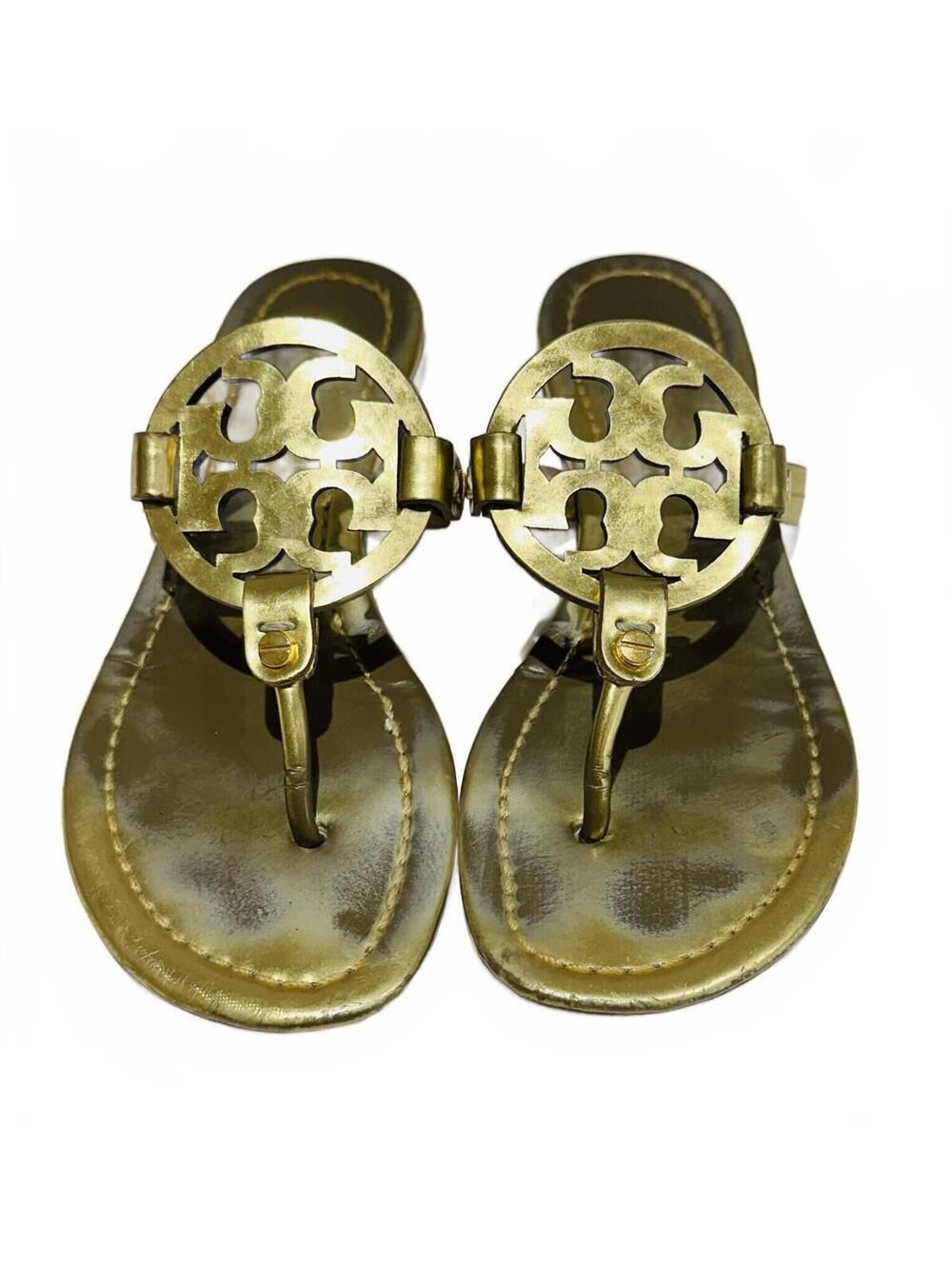 Tory Burch Gold Logo Thong Sandals Leather Made in Brazil Size 7M